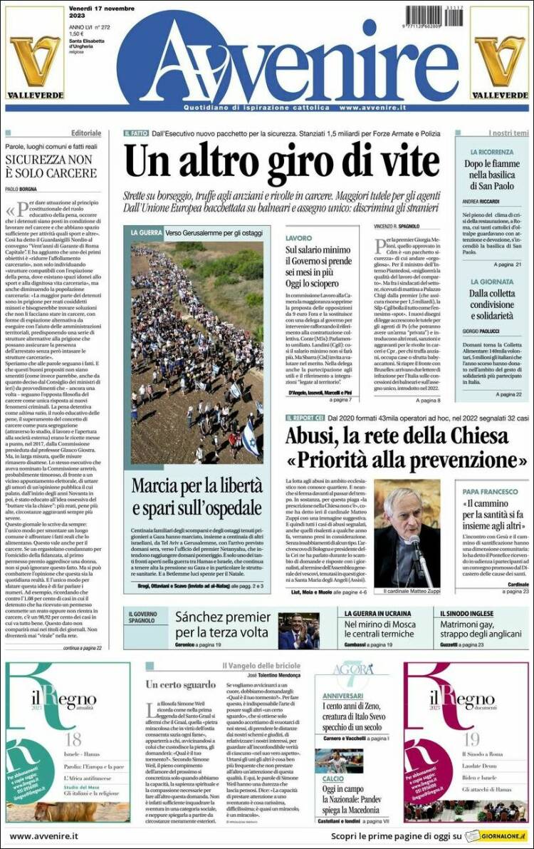 Portada de Avvenire (Italia)