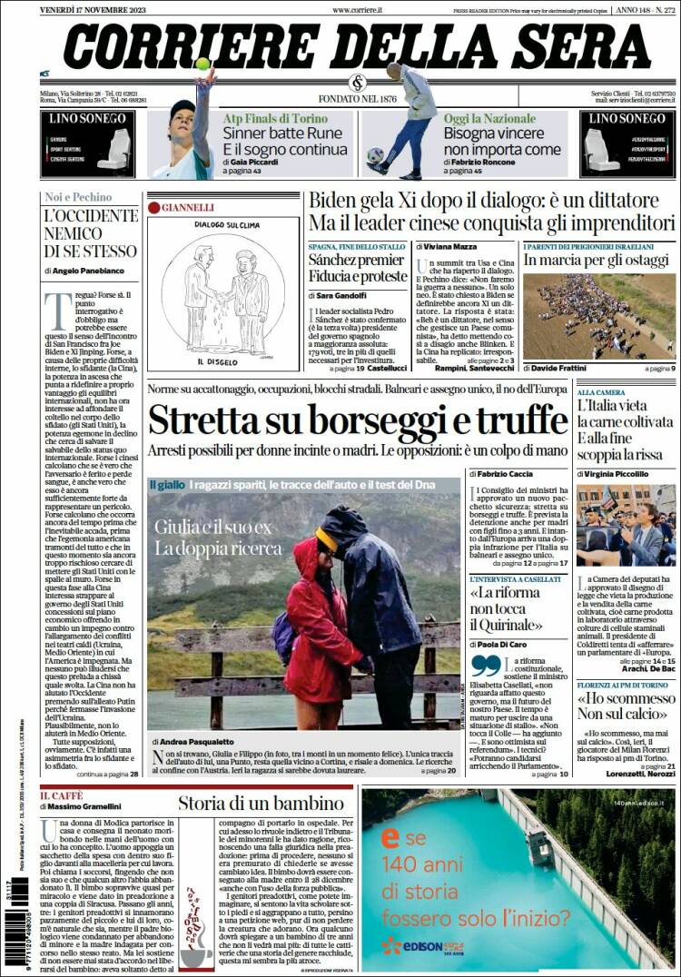 Portada de Corriere della Sera (Italia)