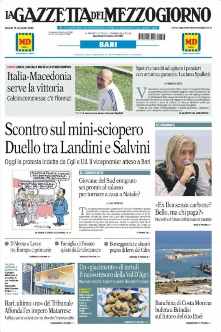 Portada de La Gazzetta del Mezzogiorno (Italia)