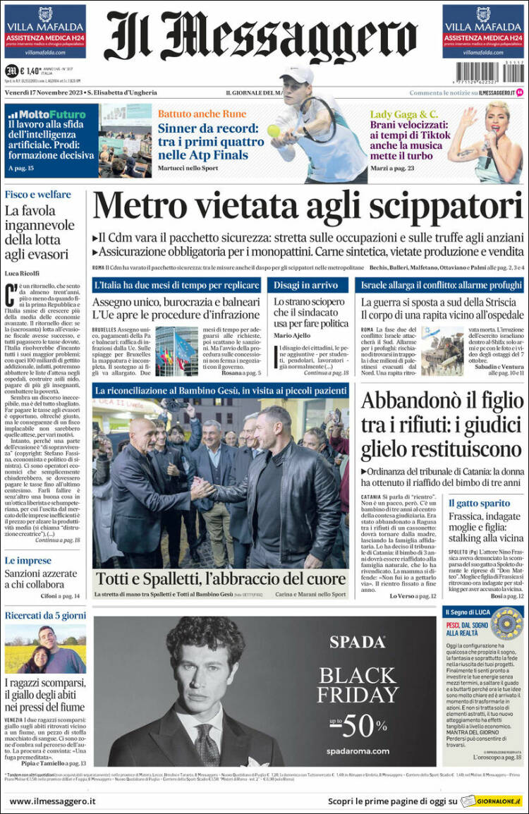 Portada de Il Messaggero (Italia)