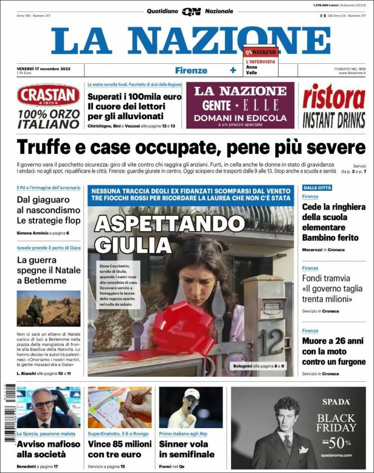 Portada de La Nazione (Italia)