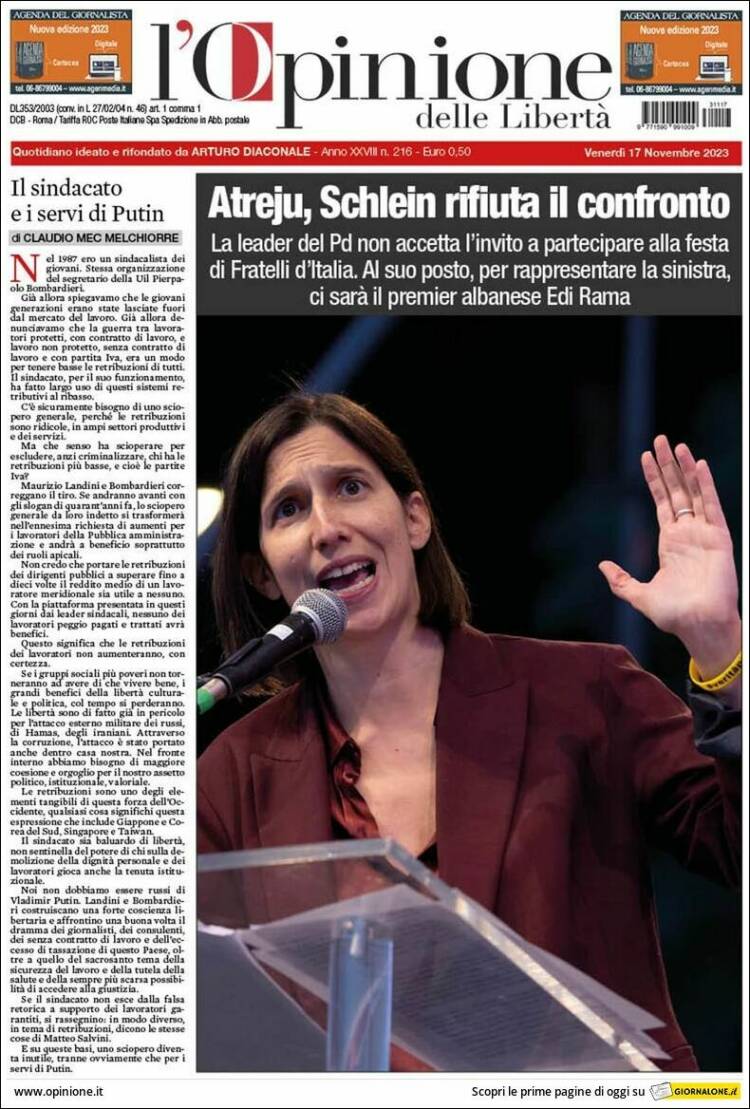 Portada de L'Opinione  delle Libertà (Italia)