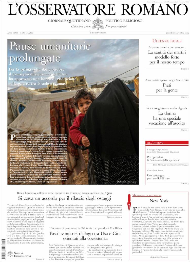 Portada de L'Osservatore Romano (Italia)