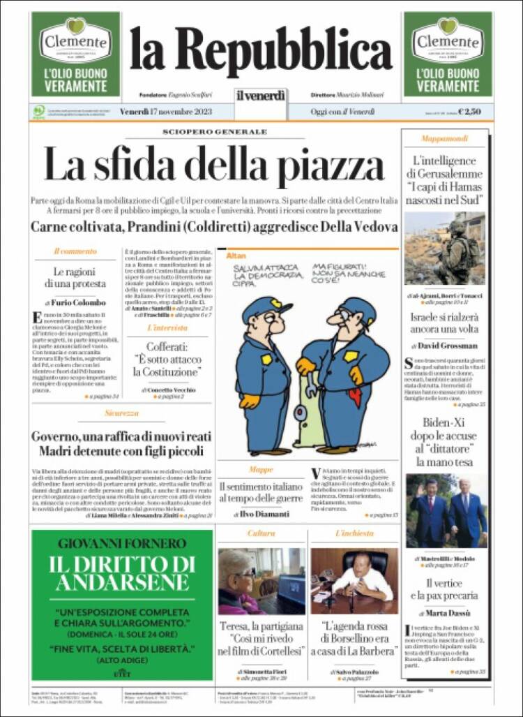 Portada de La Repubblica (Italia)