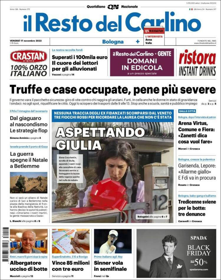 Portada de Il Resto del Carlino (Italia)