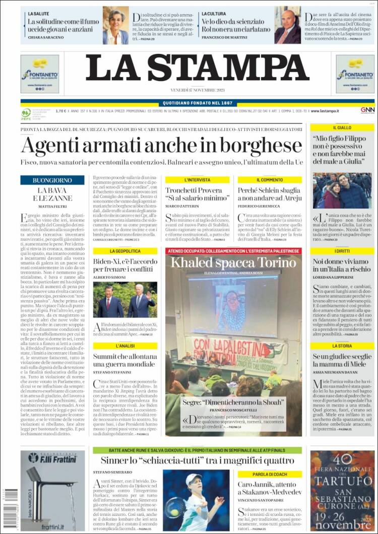 Portada de La Stampa (Italia)