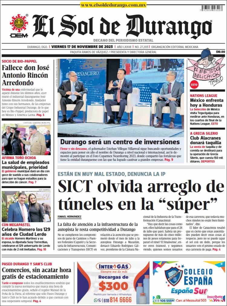 Portada de El Sol de Durango (M&eacute;xico)