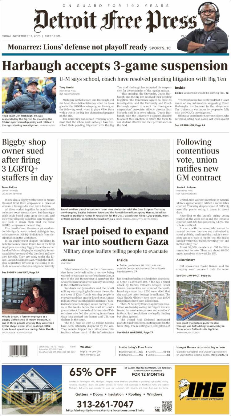 Portada de Detroit Free Press (USA)