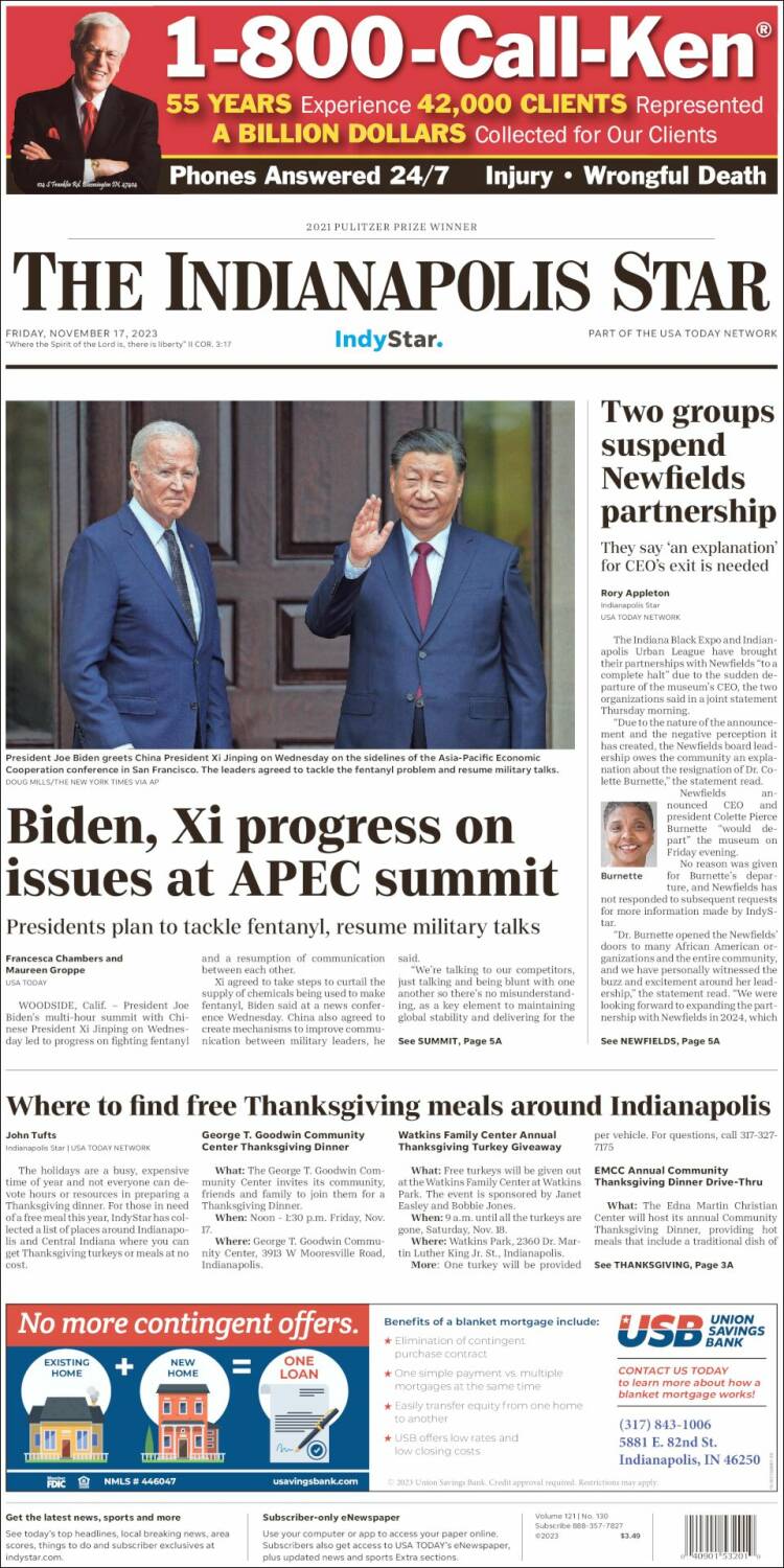 Portada de The Indianapolis Star (USA)