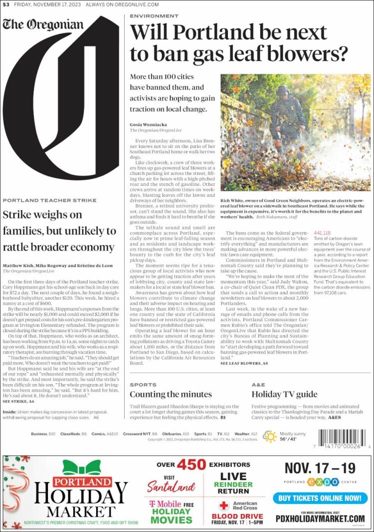 Portada de The Oregonian (USA)