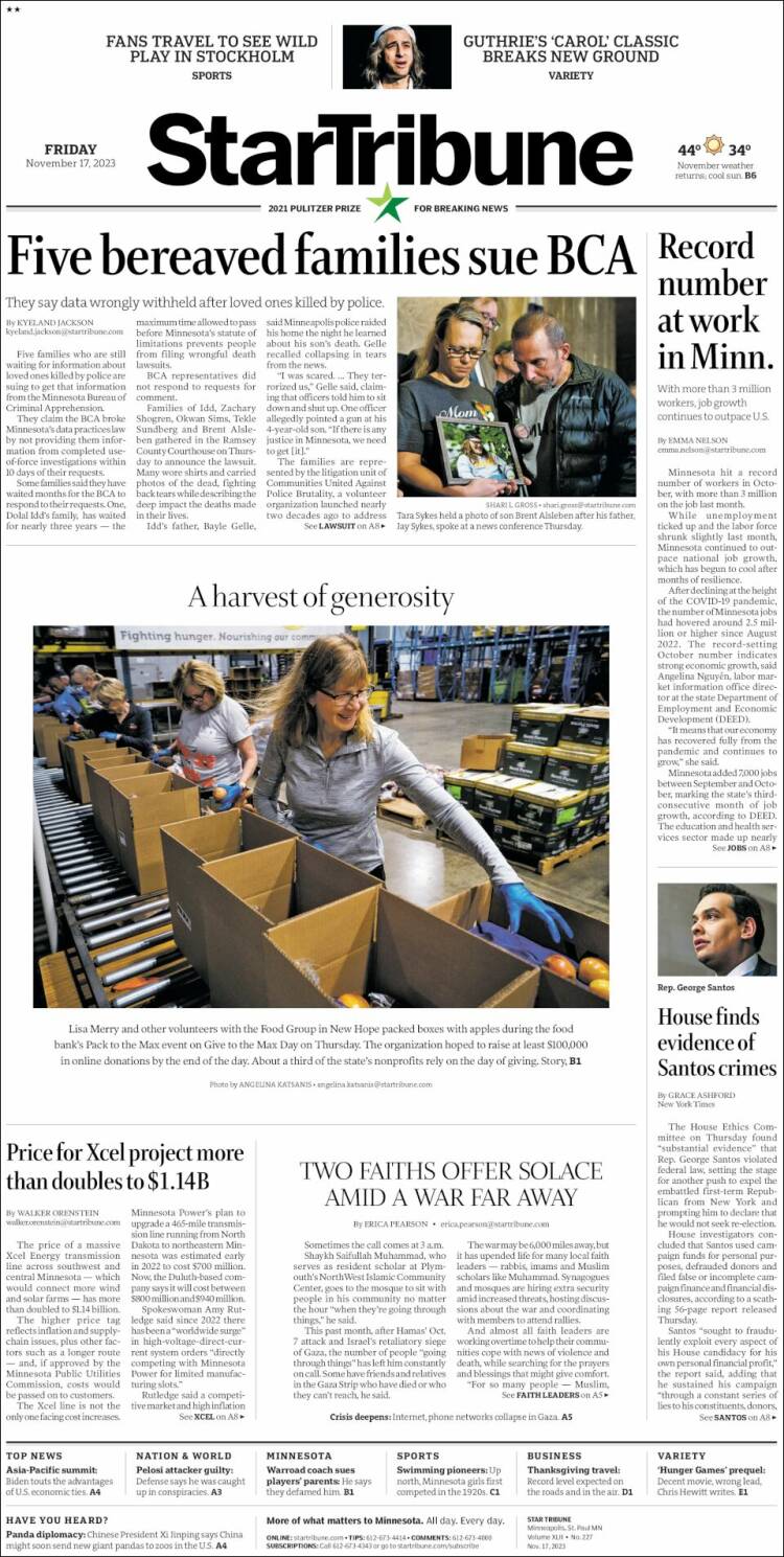 Portada de Star Tribune (USA)