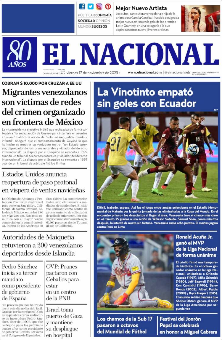 Portada de El Nacional (Venezuela)