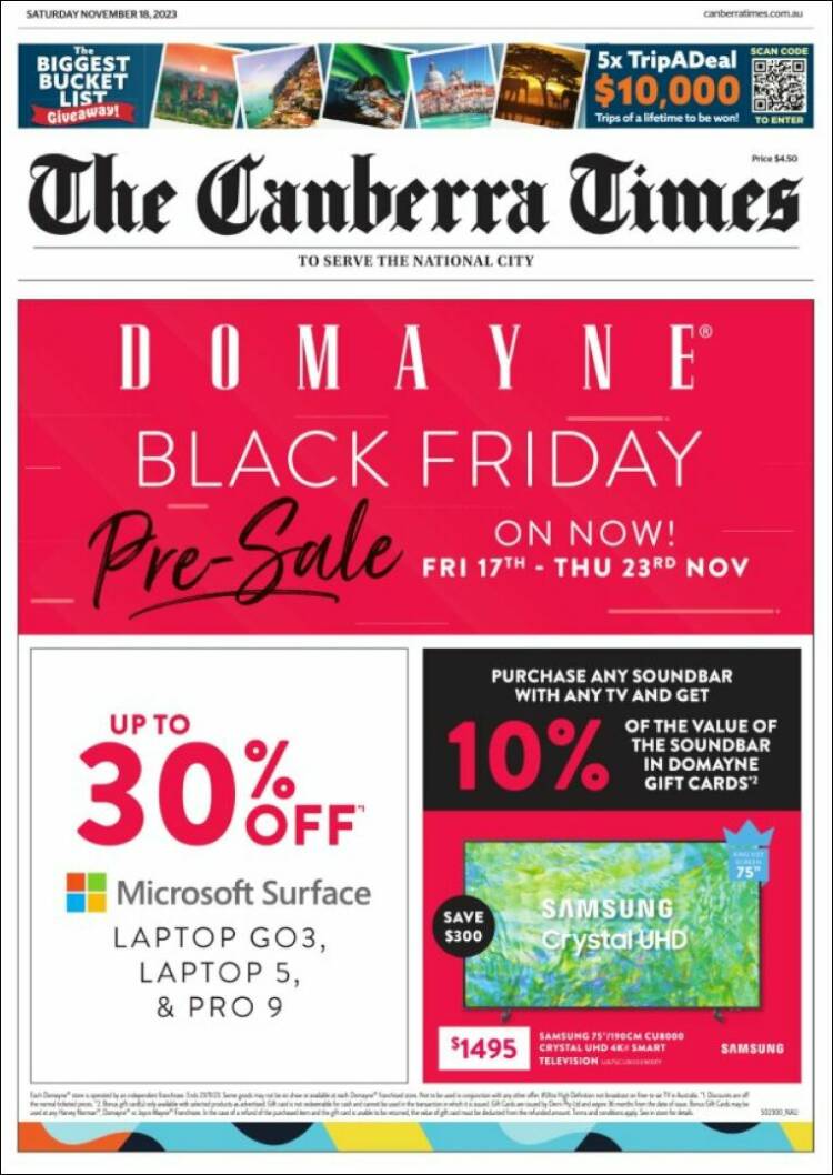 Portada de The Canberra Times (Australia)