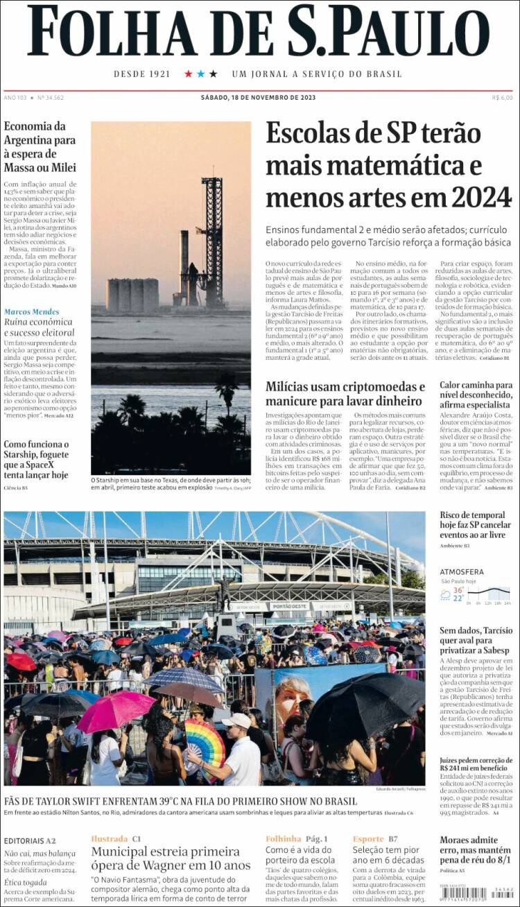 Portada de Folha de São Paulo (Brasil)