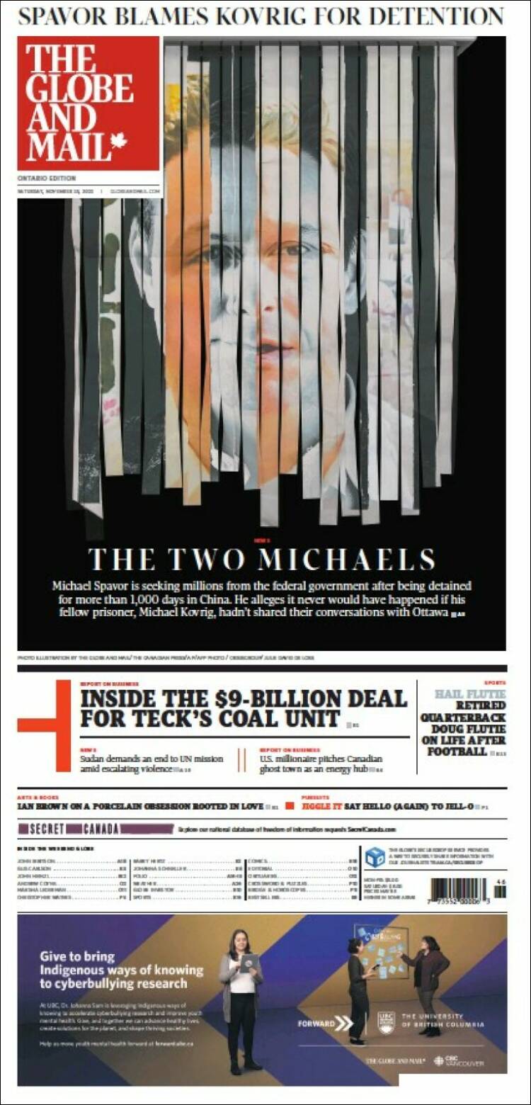 Portada de The Globe and Mail (Canadá)