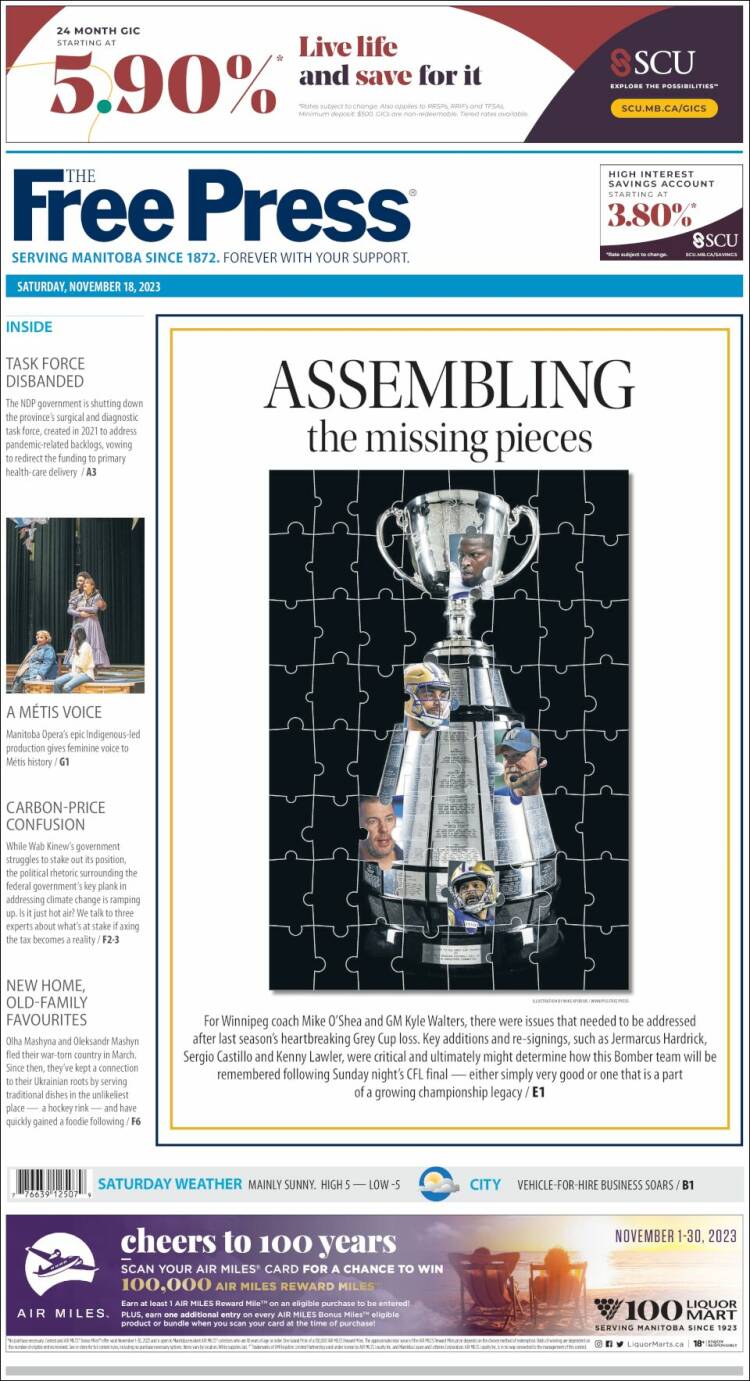 Portada de Winnipeg Free Press (Canadá)