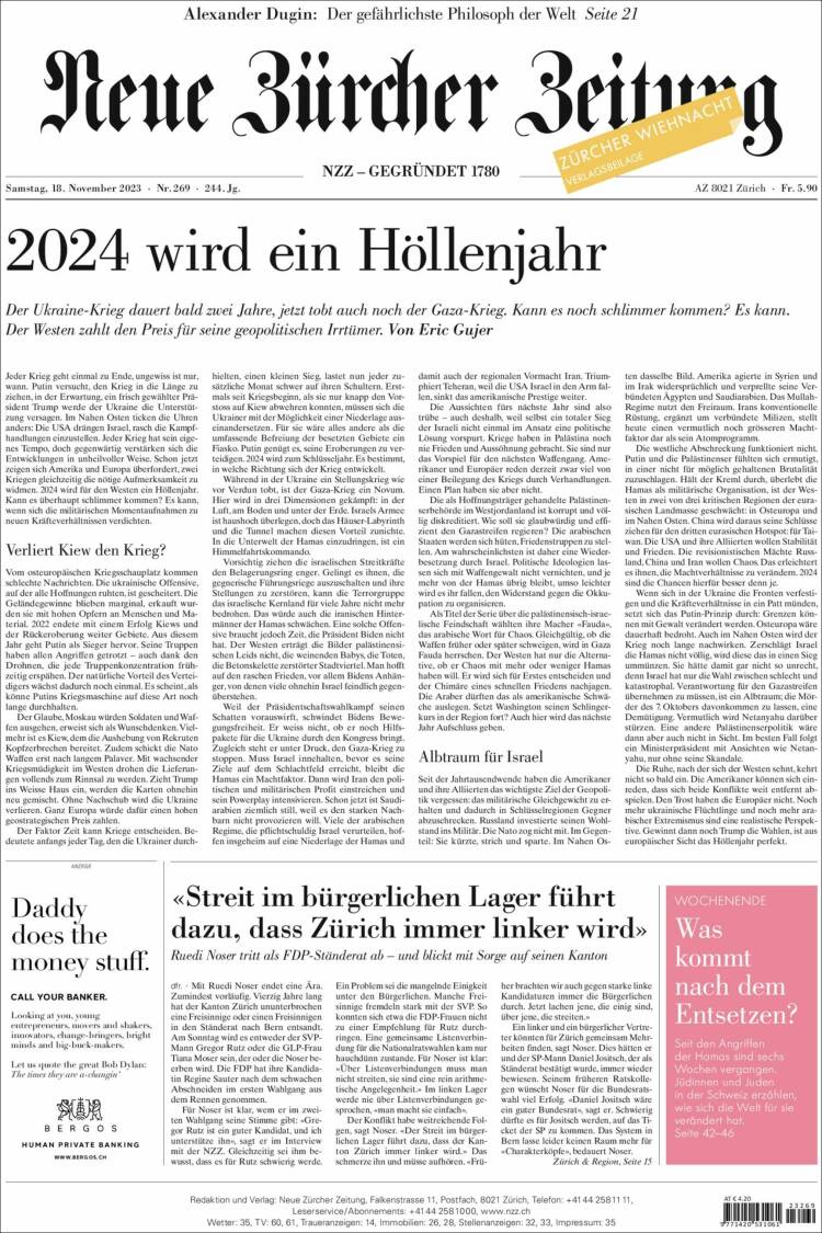 Portada de Neue Zürcher Zeitung (Suiza)