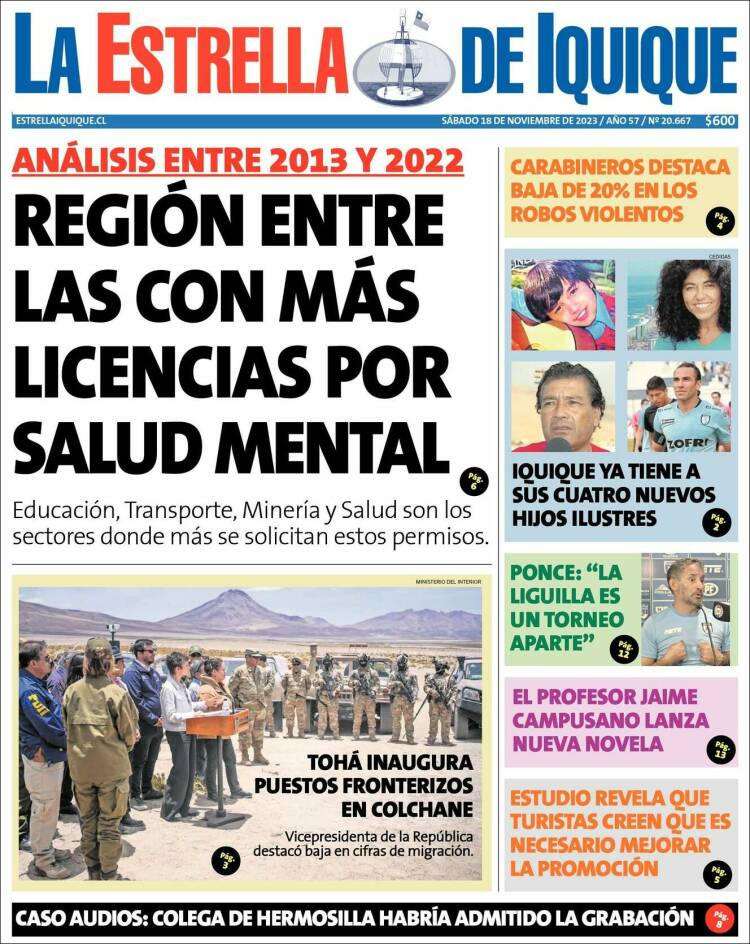 Portada de La Estrella de Iquique (Chile)