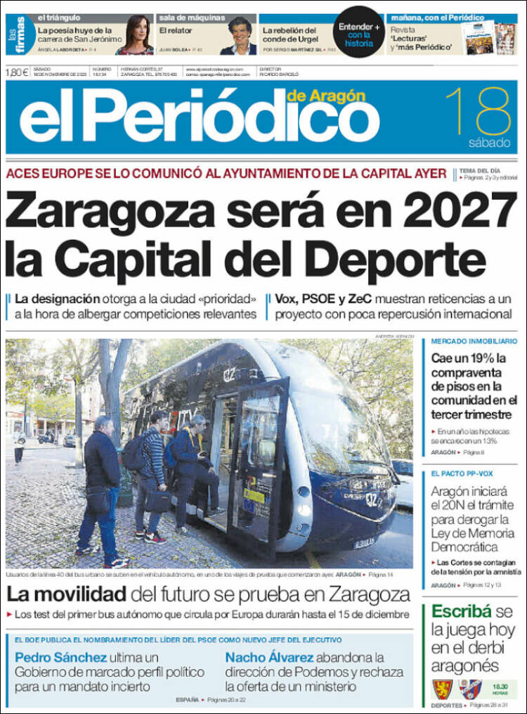 Portada de El Periódico de Aragón (España)