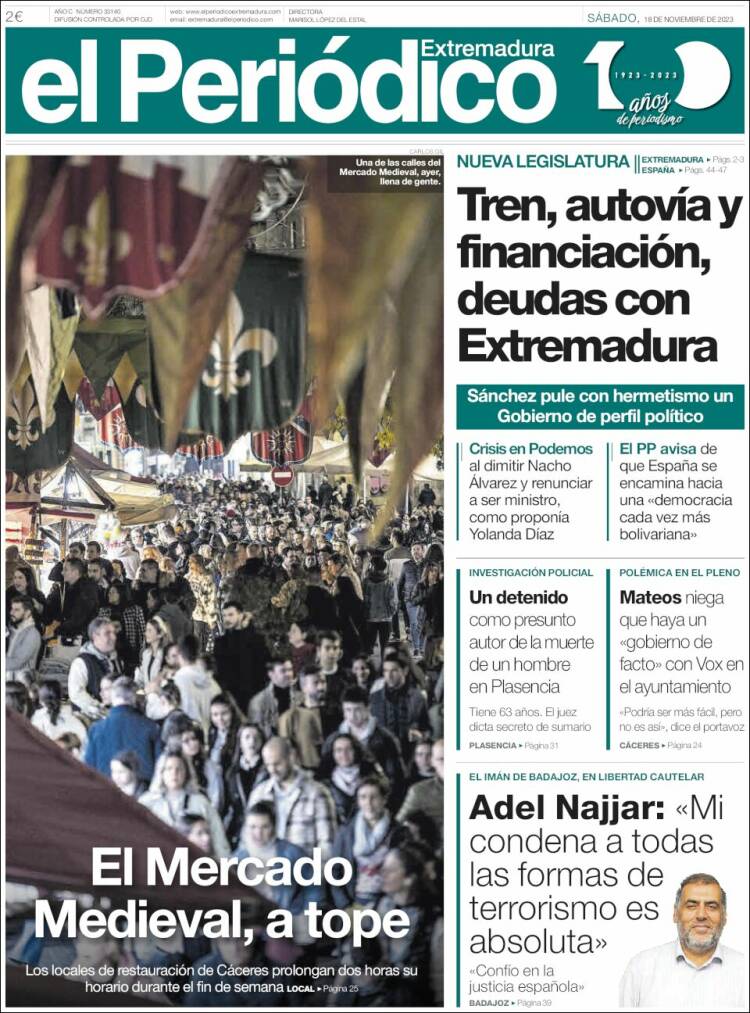 Portada de El Periódico de Extremadura (España)