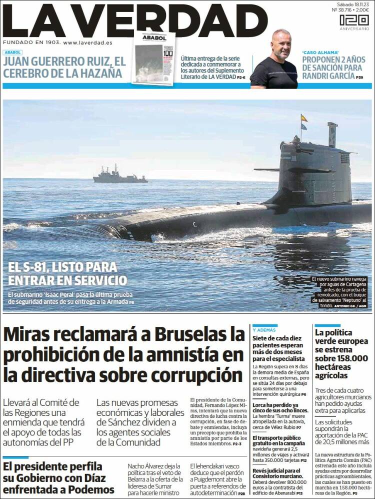 Portada de La Verdad de Murcia (España)