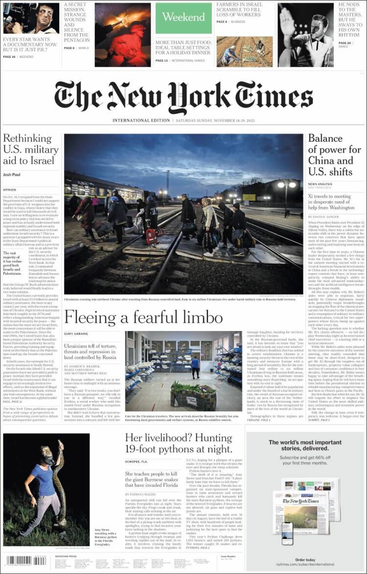 Portada de International New York Times (Europa)