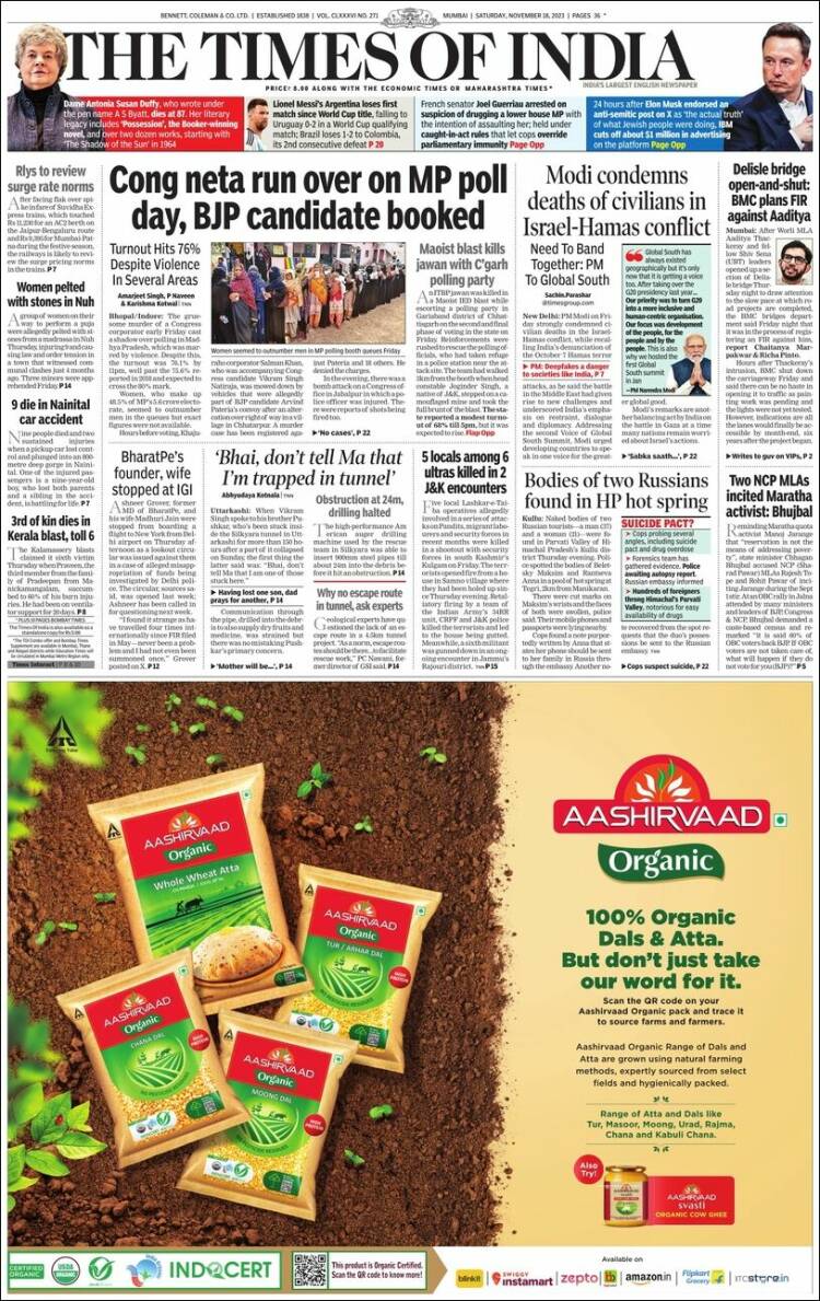 Portada de The Times of India (India)