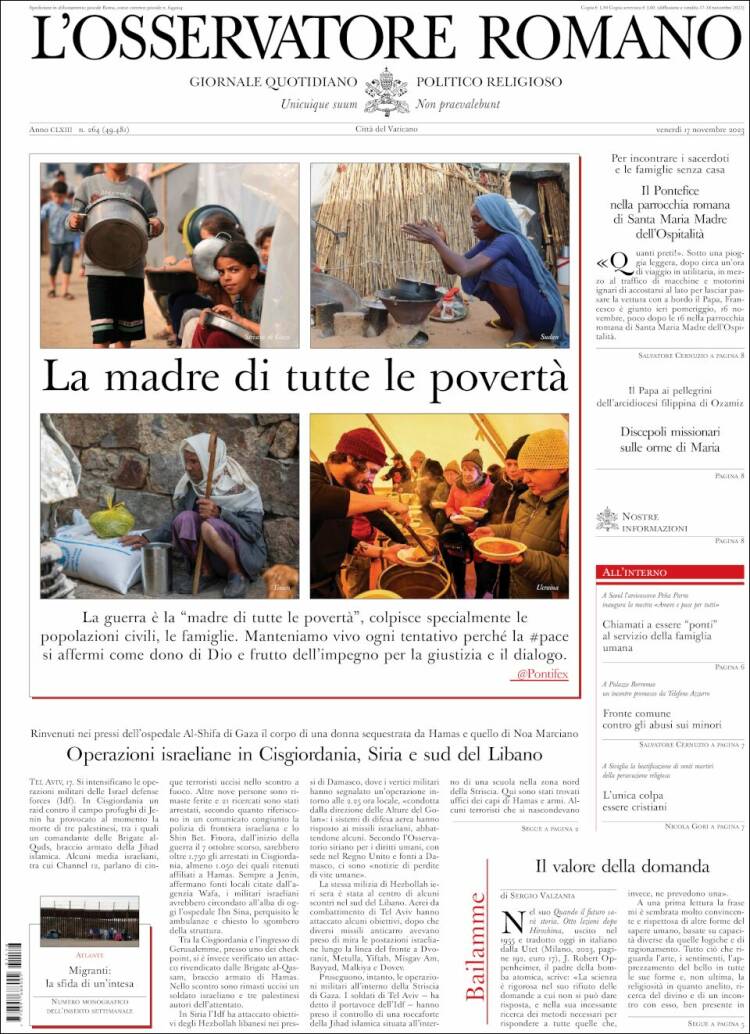 Portada de L'Osservatore Romano (Italia)
