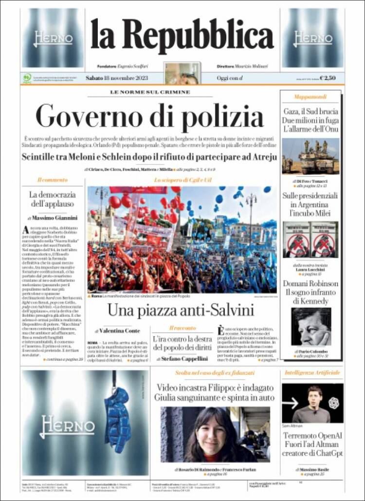 Portada de La Repubblica (Italia)