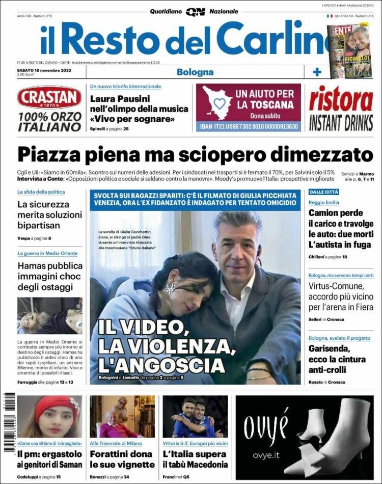 Portada de Il Resto del Carlino (Italia)