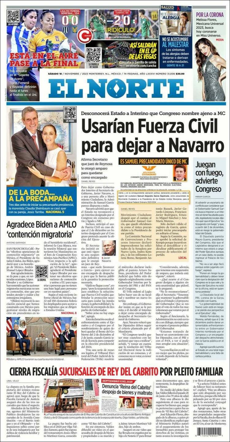 Portada de El Norte (M&eacute;xico)