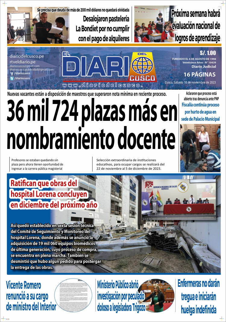 Portada de El Diario del Cusco (Per&uacute;)