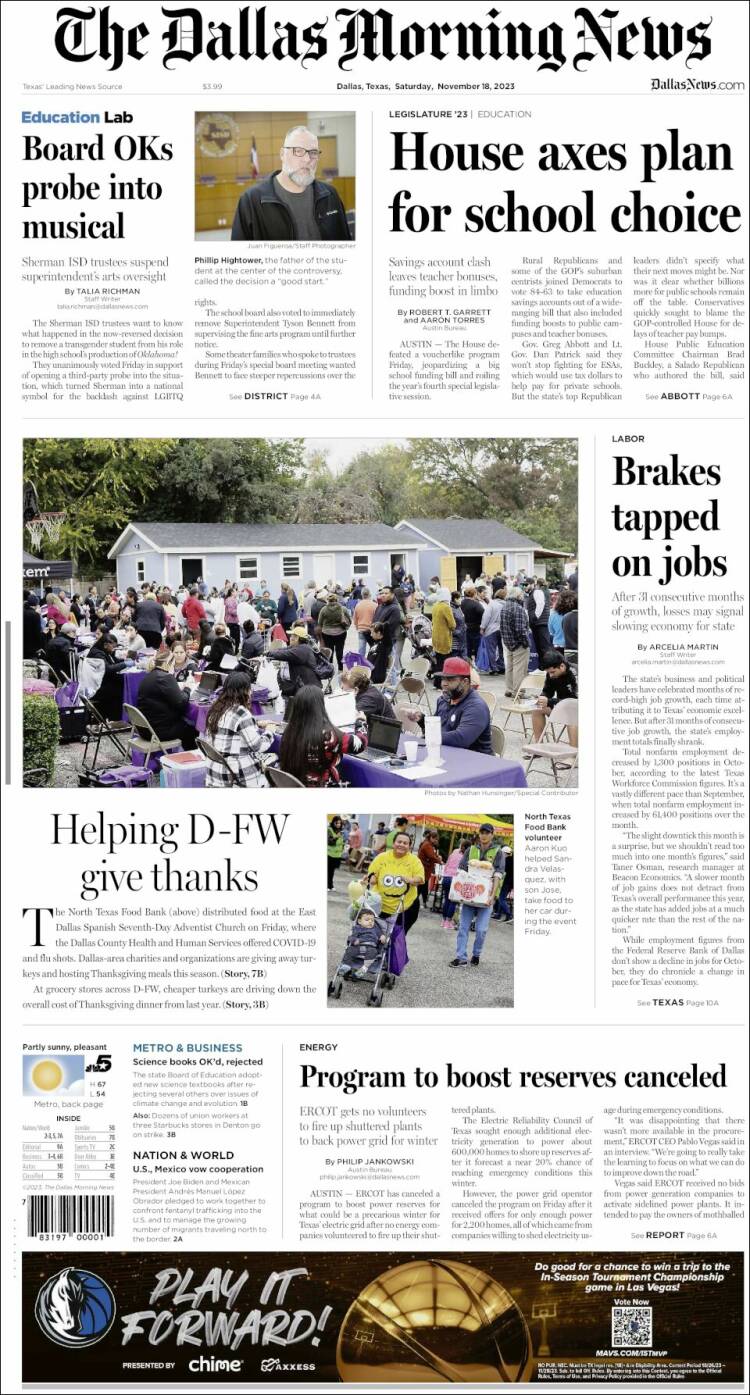 Portada de Dallas Morning News (USA)