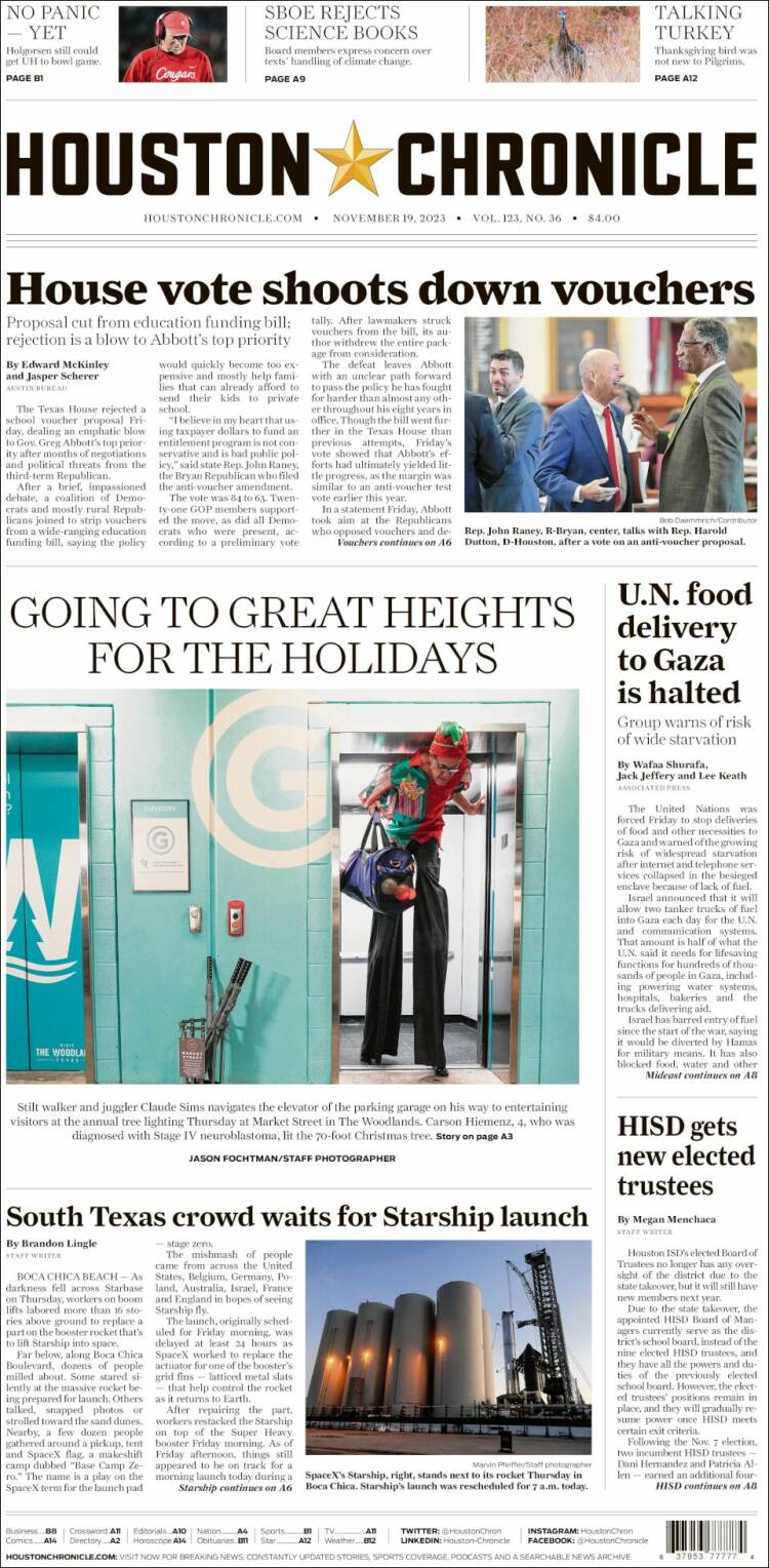 Portada de Houston Chronicle (USA)