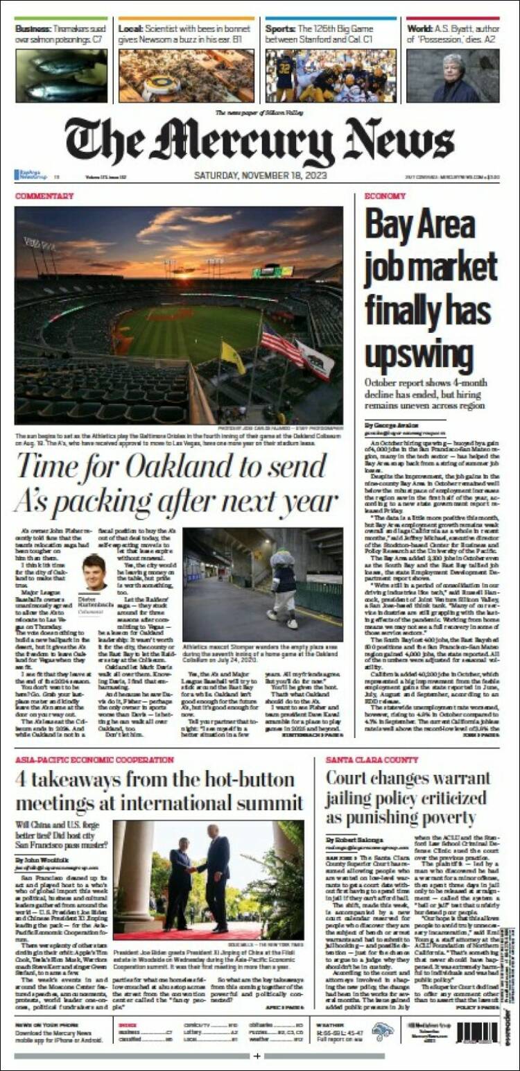 Portada de San Jose Mercury News (USA)