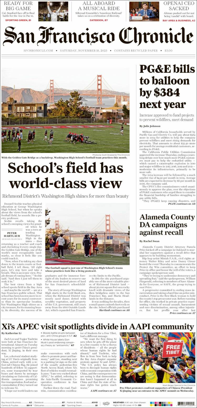 Portada de San Francisco Chronicle (USA)