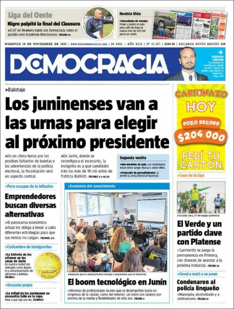 Portada de Diario Democracia (Argentina)