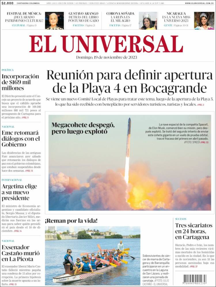 Portada de El Universal (Colombia)