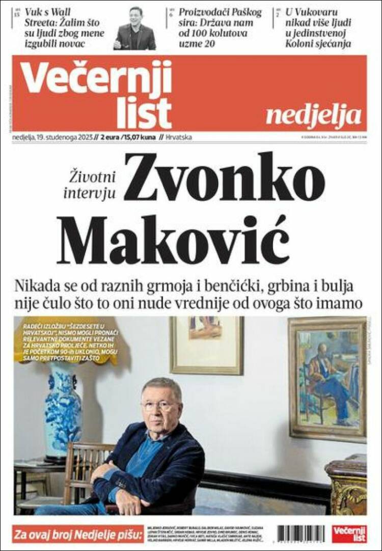 Portada de Večernji (Croacia)