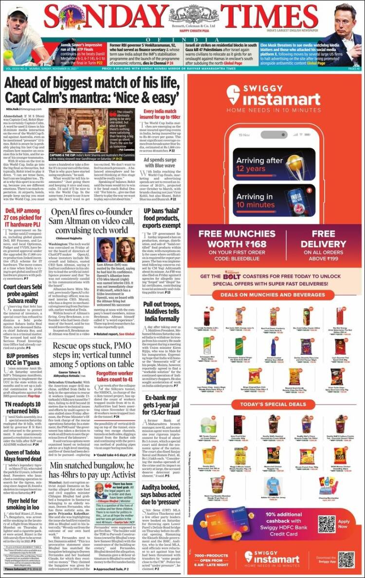 Portada de The Times of India (India)