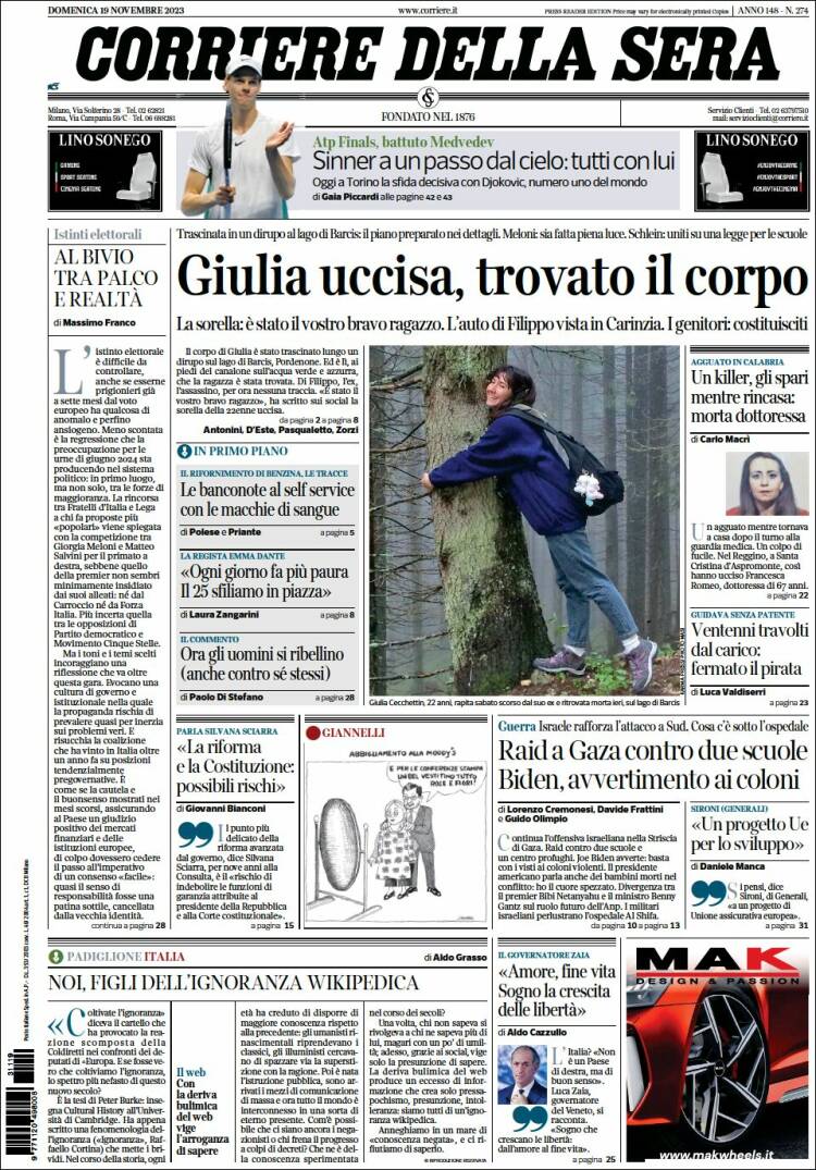 Portada de Corriere della Sera (Italia)