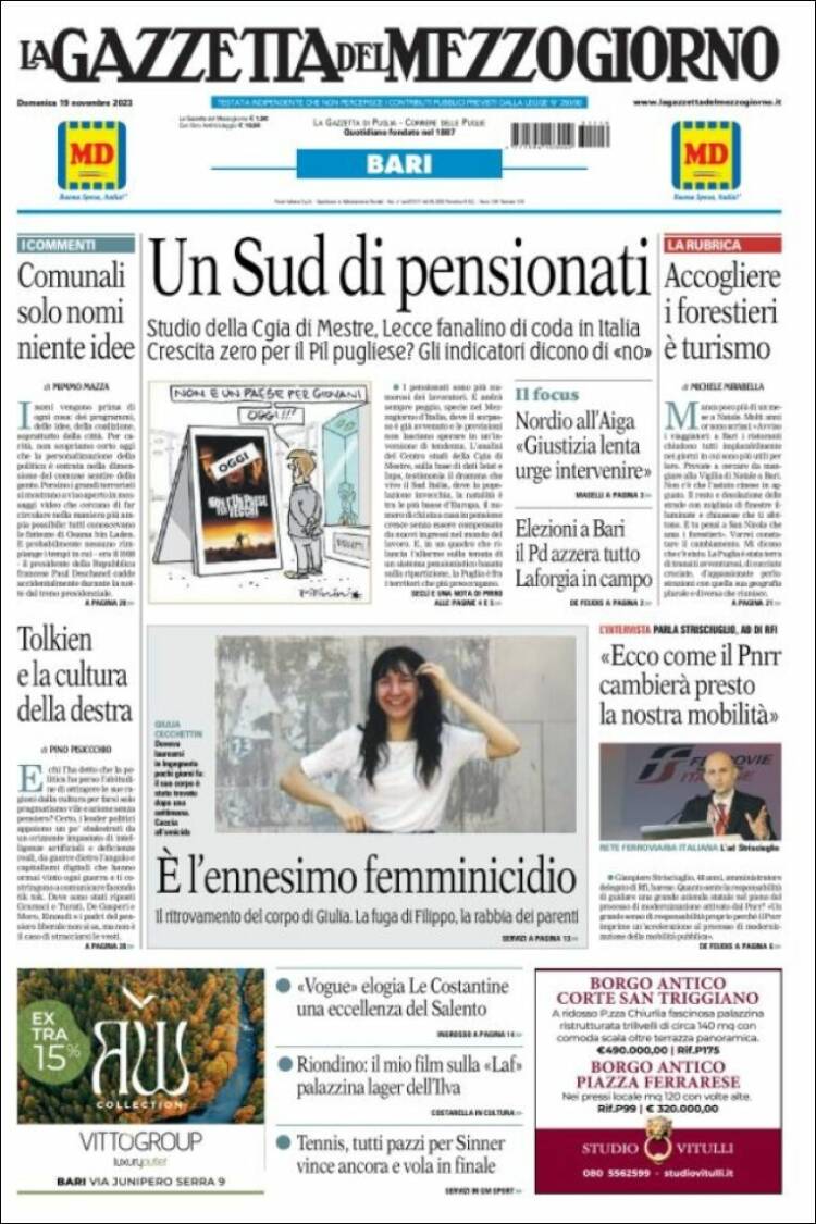 Portada de La Gazzetta del Mezzogiorno (Italia)