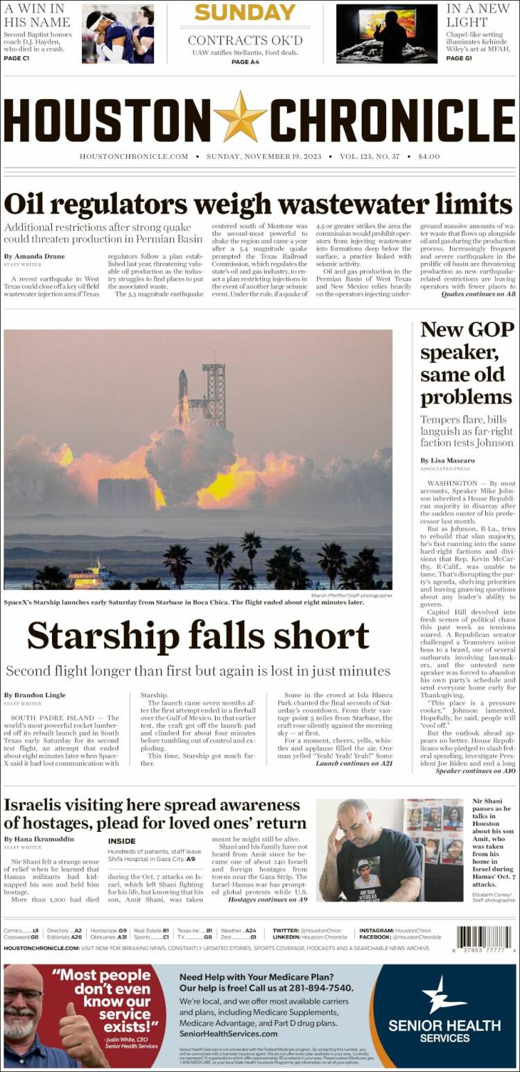 Portada de Houston Chronicle (USA)