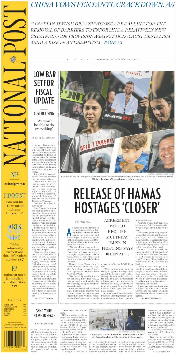 Portada de The National Post (Canadá)