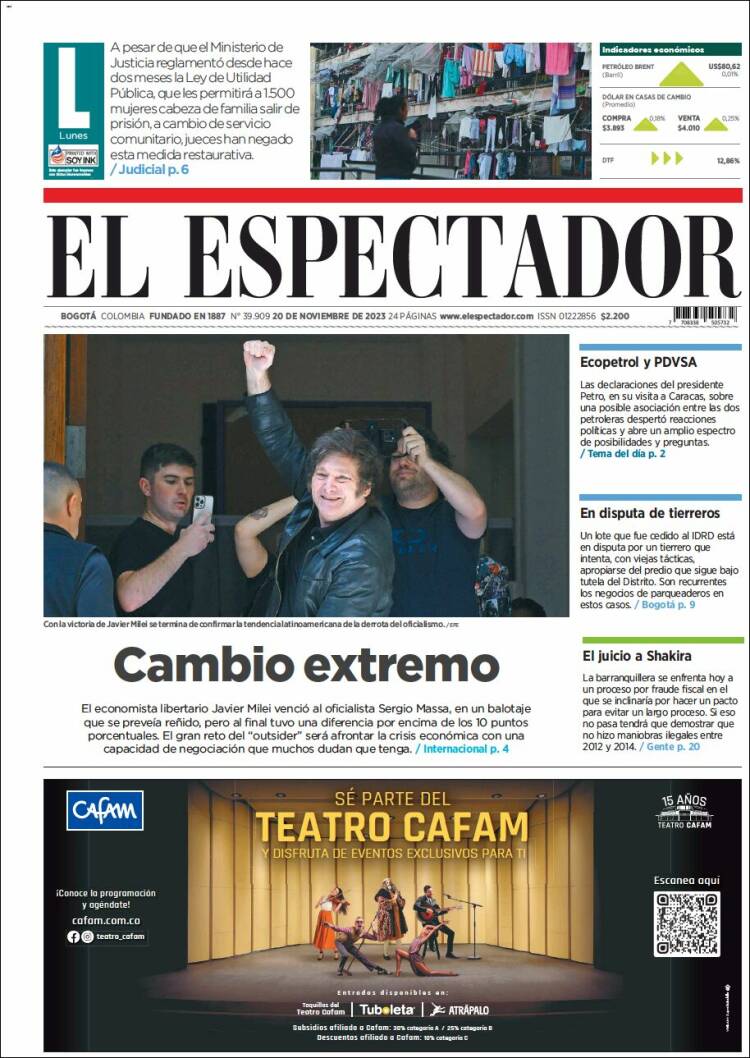 Portada de El Espectador (Colombia)