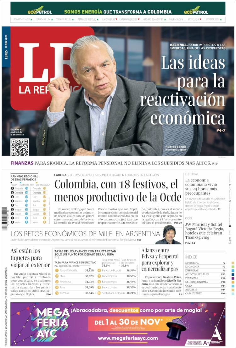 Portada de La Republica (Colombia)