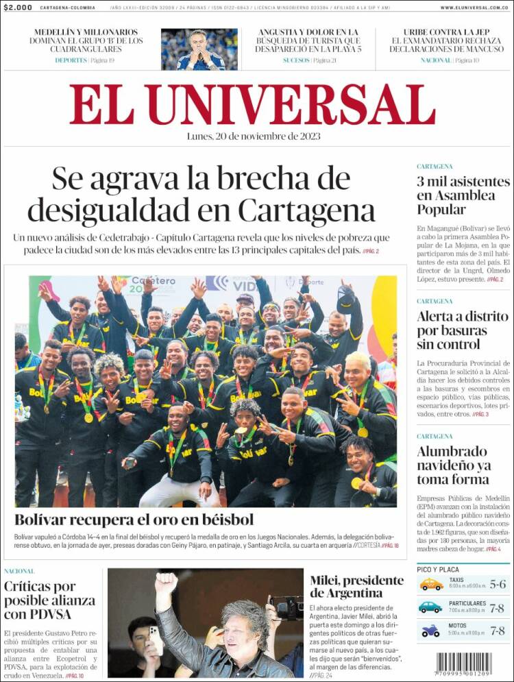 Portada de El Universal (Colombia)