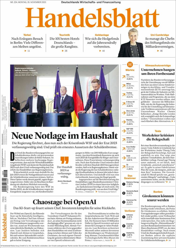 Portada de Handelsblatt (Alemania)