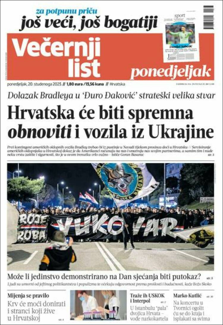 Portada de Večernji (Croacia)