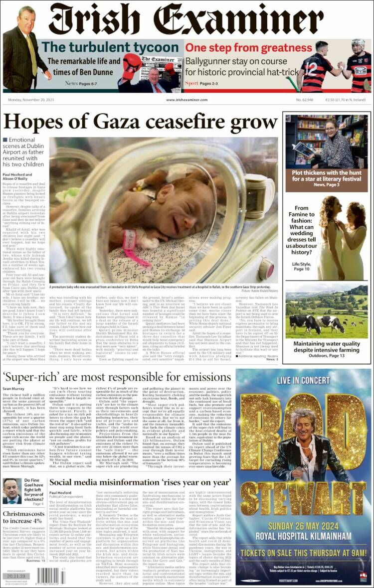 Portada de Irish Examiner (Irlanda)